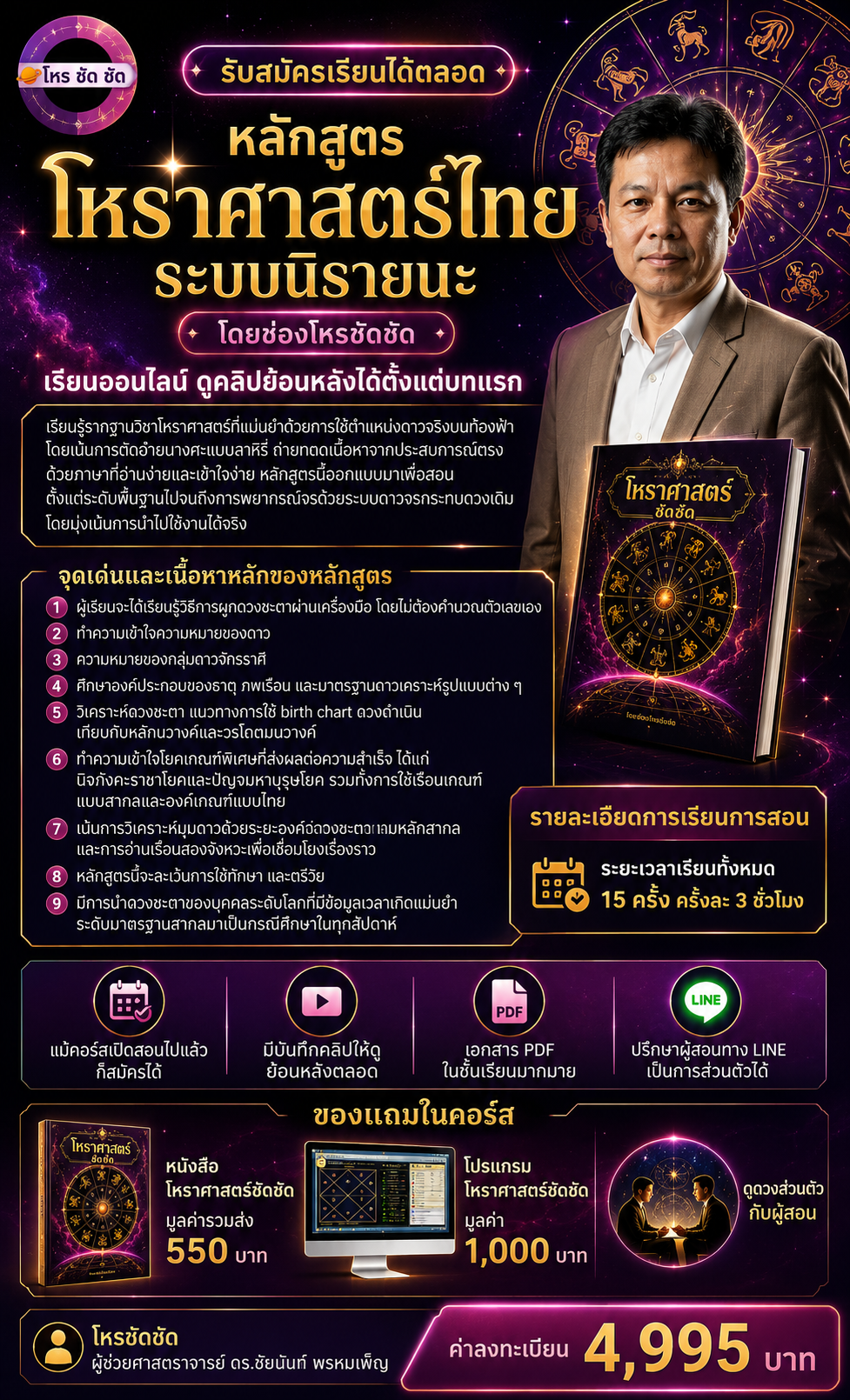 โปสเตอร์รับสมัครหลักสูตรโหราศาสตร์ไทยระบบนิรายนะ โดยช่องโหรชัดชัด